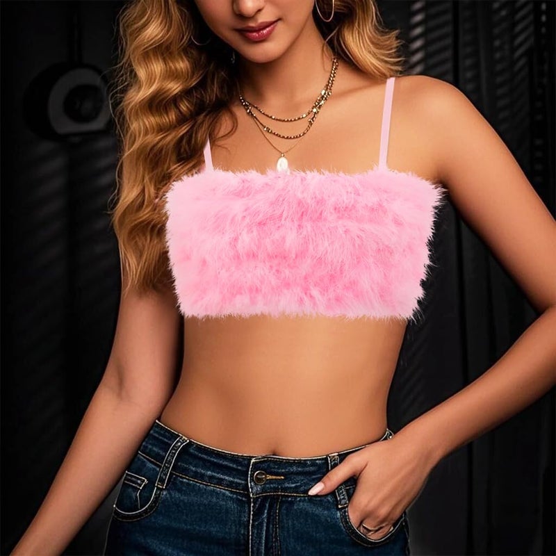 Vimoisa Women Faux Fur Tank Top Spaghetti Strap Crop Cami Top Tight Sleeveless Tube Top Vest(L) - Image 4